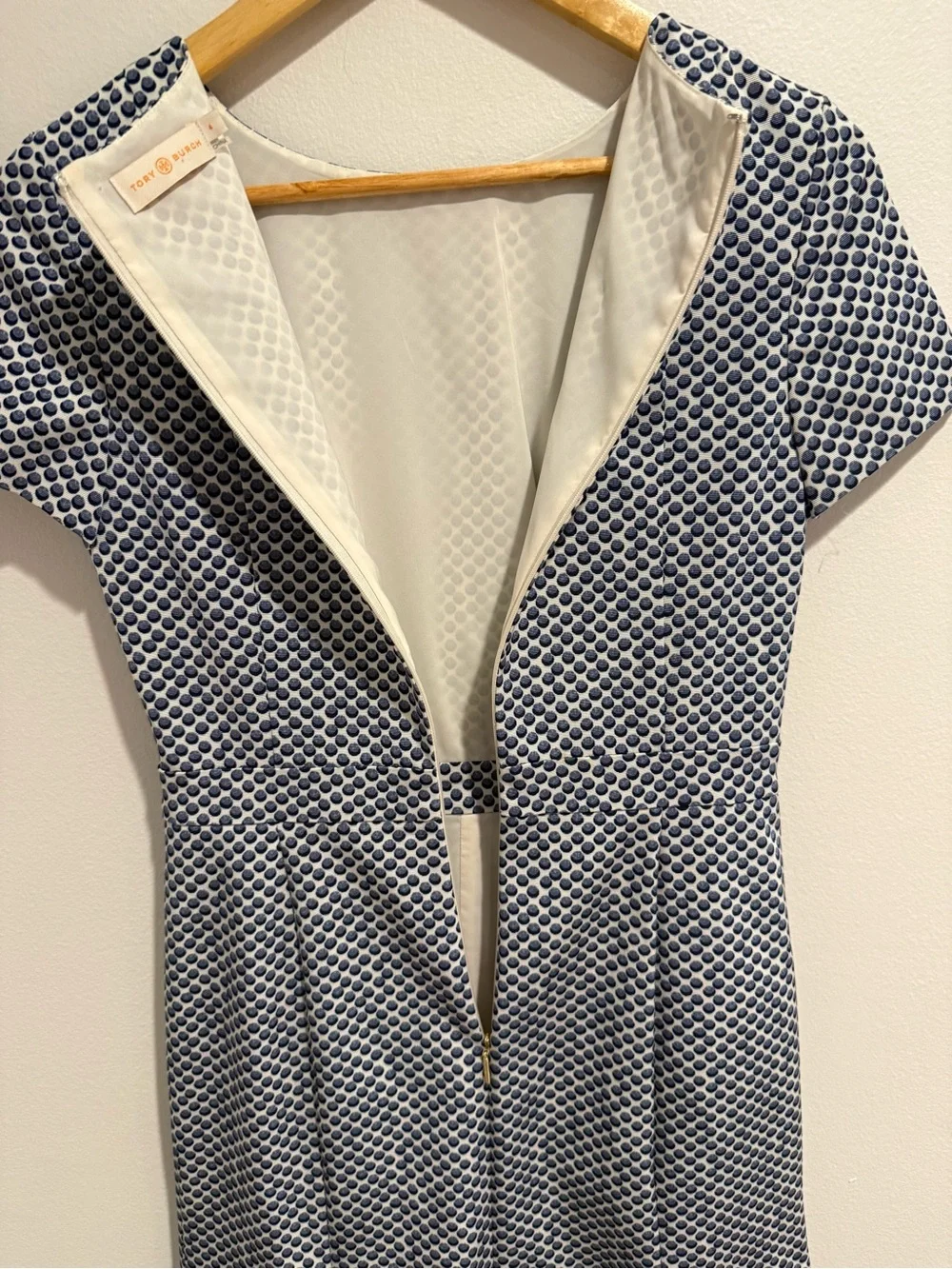 Tory Burch Shania Dress Blue Polka Dot Sz 4 A-Line Work Interview Designer